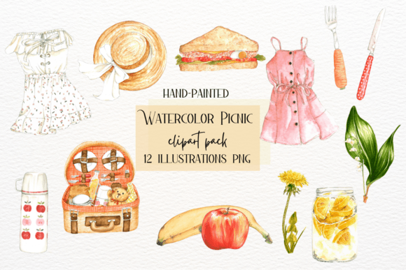 12 Watercolor Picnic Illustrations: A Fresh Design Asset for Branding