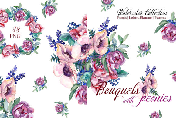 Bouquets with Peonies Phuket Watercolor Illustrations for Real Crafting