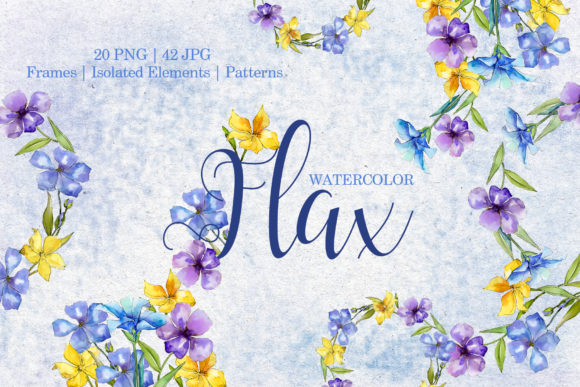 Flax Blue and Yellow Fowers Watercolor Illustrations for Crafting