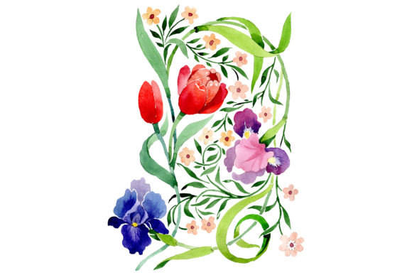 Ornament with Irises and Tulips Watercolor